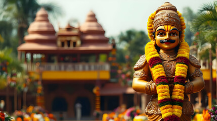 A Golden Statue of a Deity with Floral Garlands, Standing in Front of a Blurred Background of an Ornate Temple, Depicting a Scene of Religious Devotion in India