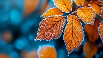 Wall Mural - Frosted autumn leaves, captured in stunning macro detail, reveal nature�s delicate beauty.