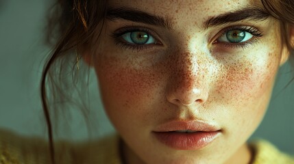 Wall Mural - Close-Up Portrait of a Woman with Green Eyes and Freckles