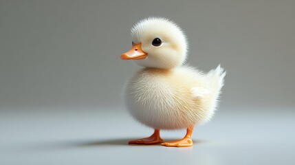 A baby duck with a big orange beak stands on a grey surface