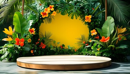 Tropical stage design featuring a circular platform adorned with vibrant green plants and large decorative flowers set against a bright yellow backdrop