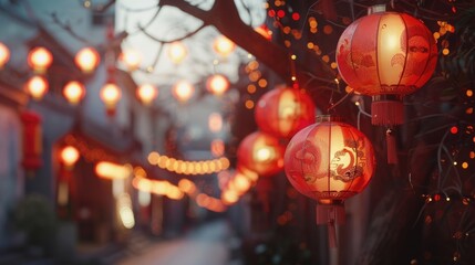 Red lanterns lining a festive street.