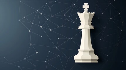 A white chess queen stands tall on a networked background, symbolizing strategy and power.