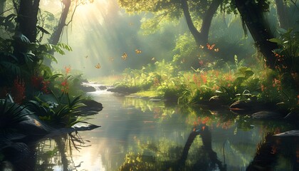 Wall Mural - Dreamlike forest stream adorned with lush plants, fluttering butterflies, and soft sunlight creating serene reflections