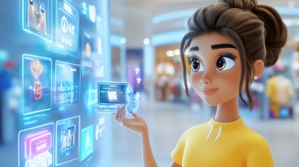 Poster - Young Woman Interacting with Digital Display Technology