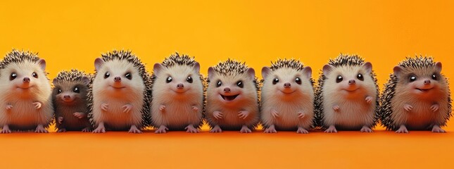 Wall Mural - Hedgehogs wearing , standing in front of an orange background, studio shot, with cute and happy expressions.