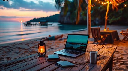 Poster - A serene beach setting features a wooden table with a laptop, lantern, and coffee cup, as the sun sets over calm waters, creating a perfect work and relaxation environment.