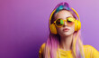 © Poj - A woman with headphones enjoys music while wearing stylish sunglasses against a vibrant purple background. Generative Ai.