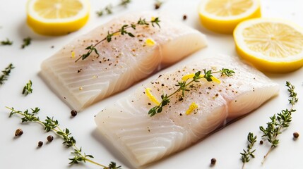 A fresh fish fillet with lemon and thyme on a white background.