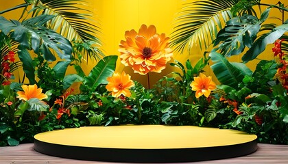 Wall Mural - Tropical stage design featuring a circular platform adorned with vibrant green plants and large decorative flowers set against a bright yellow backdrop