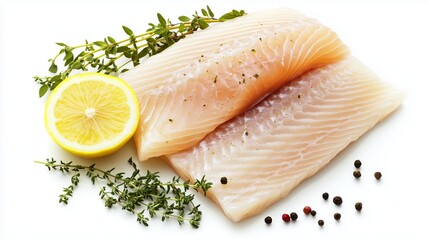 A fresh fish fillet with lemon and thyme on a white background.