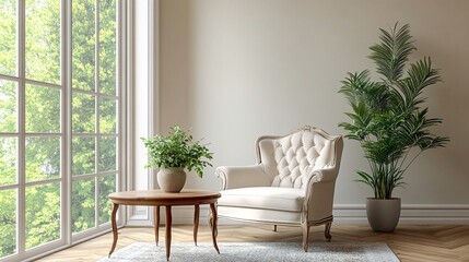 Wall Mural - A cozy living room corner with a comfortable armchair, a round coffee table, two potted plants and a large window overlooking a garden.