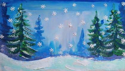 Wall Mural - Winter wonderland scene with snowflakes and pine trees, acrylic and oil paint background, Christmas theme 