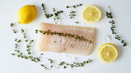 A fresh fish fillet with lemon and thyme on a white background.