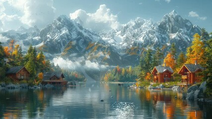 Wall Mural - animation scenic mountain lake with cozy wooden cabins in autumn generated with ai