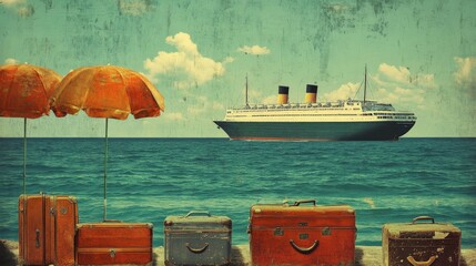 A picturesque retro image showing an ocean liner amidst a tranquil seascape, with an artistic display of vintage luggage and umbrellas under a peaceful sky with few clouds.