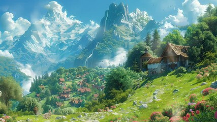 Wall Mural - animation idyllic mountain village with scenic landscape and flowers generated with ai