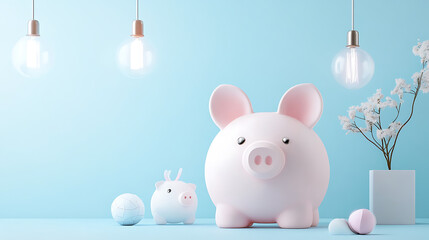 Three piggy banks, one large and two small, sit on a table with a blue background. The piggy banks are a light pink and a light blue and white.