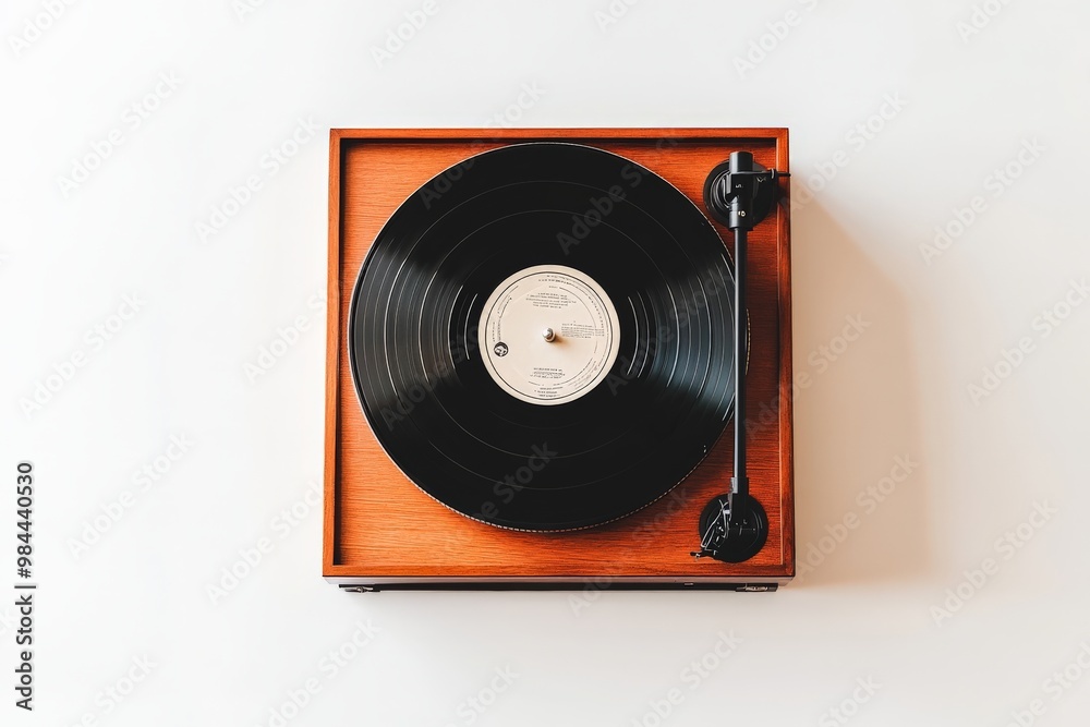 An overhead view of a wooden turntable featuring a black vinyl record ...