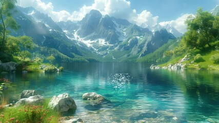 Wall Mural - animation serene mountain lake with clear water and snowy peaks generated with ai