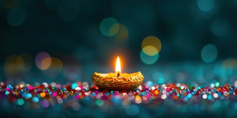 A single diya surrounded by colorful glass beads, with glitters and sparkles in air, on a rich teal velvet backdrop, low level angle, copy space, happy Diwali background, traditional, Indian festival