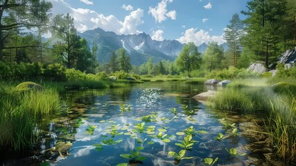 Wall Mural - animation serene mountain landscape with lake and lush greenery. generated with ai