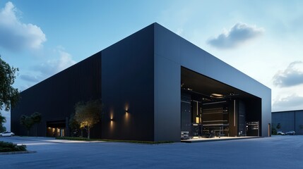 Wall Mural - a high-tech film production studio with a matte black exterior, featuring advanced sound stages and 