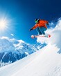 © atdigit - Snowboarder in Mid-Air Jump on Sunny Winter Day in Alpine Mountains