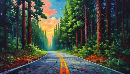 Wall Mural - Vivid hyperrealistic portrayal of a winding road vanishing into a lush, dense forest, inviting viewers to immerse in the serene beauty of nature.