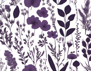 Wall Mural - Purple Vector seamless pattern with hand drawn herbs and wildflowers background