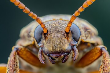 Poster - A powerful macro photograph capturing the facial features of a beetle, illustrating its eyes and antennae in vivid detail, presenting the beetle's unique physical character.