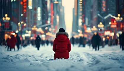 Urban Isolation: A Cinematic Portrait of a Person in a Red Winter Coat Amidst Unseen City Life and Snowy Surroundings