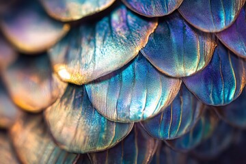 Poster - A close-up image showing the vivid and colorful iridescent scales with a textured pattern, emphasizing the beauty, intricacy, and abstract design found in nature.