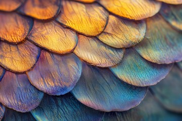 Poster - A close-up image of golden iridescent scales, catching the light and shimmering with a rainbow of colors, highlighting the artistic beauty and intricate design found in nature.