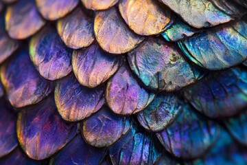 Poster - This close-up photograph displays the vibrant and colorful iridescent scales with light reflections, capturing the natural beauty and intricate details of these fascinating textures.