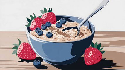 Delicious oatmeal bowl with strawberries and blueberries on wooden table