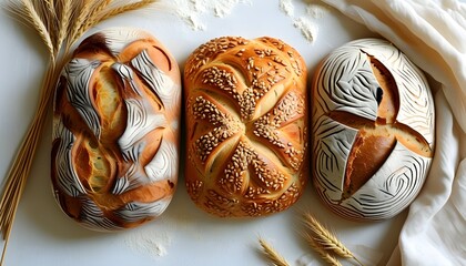 Artisanal bread loaves with intricate crust patterns displayed on a white table with linen, flour, and wheat ears for a rustic culinary ambiance