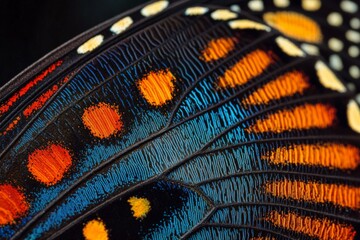 Poster - A beautifully detailed close-up of a butterfly wing, featuring a stunning combination of blue, orange, and black colors with a symmetrical pattern and natural textures.