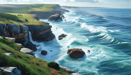 Wall Mural - Stunning view of cliff coast with waves crashing onto rocks