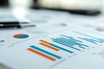 Poster - Analysis of business data featuring colorful bar graphs and pie charts on a desk in an office setting during daylight hours