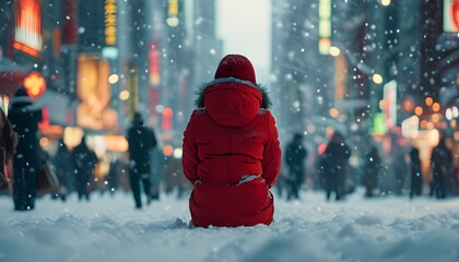 Urban Isolation: A Cinematic Portrait of a Person in a Red Winter Coat Amidst Unseen City Life and Snowy Surroundings