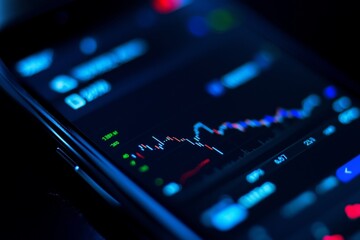 Poster - Market analysis on a smartphone display showing stock trends late at night with a dark background illuminating the data
