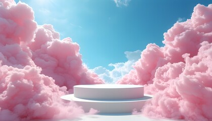 Poster - Dreamy scene with white podium surrounded by fluffy pink clouds under a serene blue sky