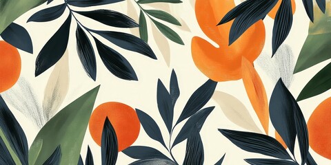 Poster - Abstract Floral Pattern with Leaves and Oranges