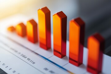 Poster - Colorful 3D bar graph representing data growth on a financial report during sunrise