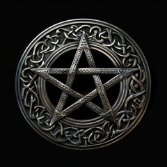 Intricate silver pentagram medallion with ornate design

