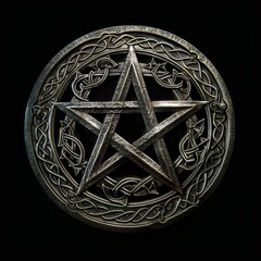 Intricate silver pentagram medallion with ornate design

