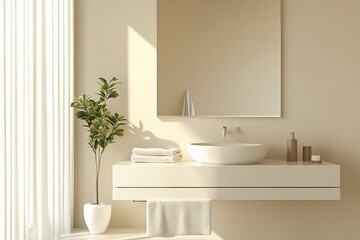 Poster - A stylish bathroom featuring a modern vessel sink on a floating vanity, a large wall mirror, a potted plant, and neatly folded towels, showcasing contemporary interior design.