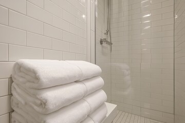 Poster - A stack of fresh white towels neatly arranged on a bench in a clean and well-lit shower area, featuring white subway tiles and minimalistic design.