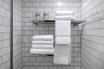 Poster - A well-organized bathroom display with white towels neatly stacked and rolled on a stainless steel shelf against a background of white subway tiles.